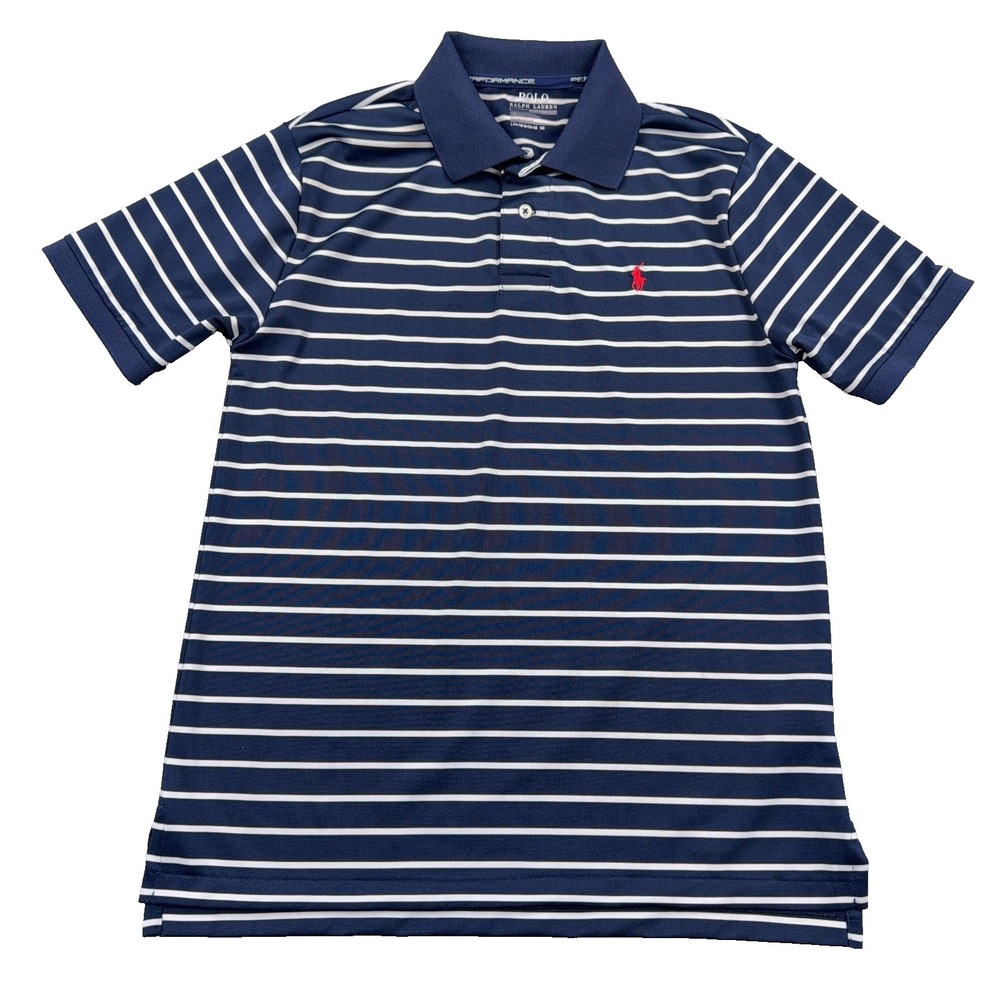 Ralph Lauren Polo Shirt Boys Large Blue White Striped Performance Wicking Golf